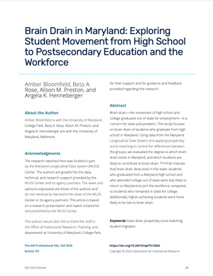 Brain Drain in Maryland: Exploring Student Movement from High School to Postsecondary Education and the Workforce